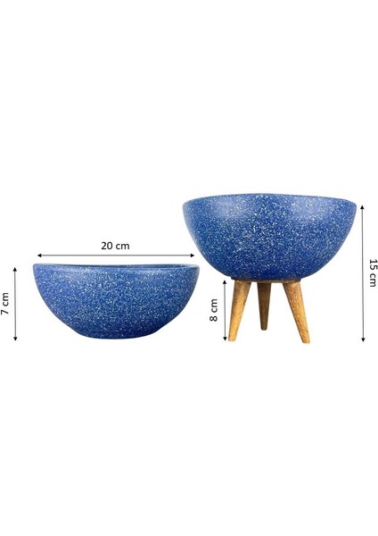 Ev Dekorasyon Lacivert Granit Aranjman Sunumluk Toprak Saksı Ayaksız Ve 3 Ayaklı İkili Set 20 Cm Çap