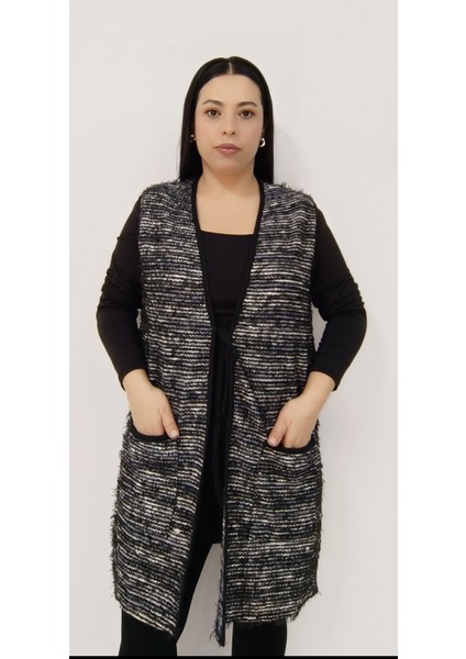 Büyük Beden Kadın Sakallı Dokuma Triko Bağcıklı Iki Cepli Uzun Anne Yelek