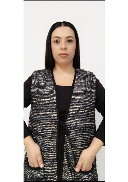 Büyük Beden Kadın Sakallı Dokuma Triko Bağcıklı Iki Cepli Uzun Anne Yelek indirimleri