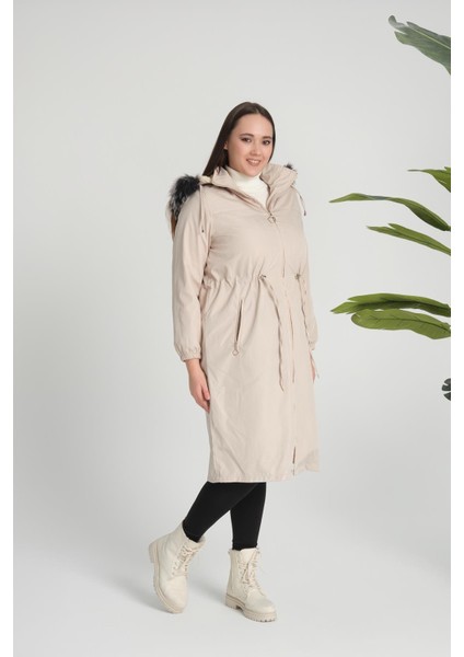 Kadın Bondit Kumaş Kapüşonlu Içi Kürklü Kışlık Mont, Taş