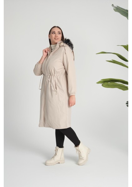 Kadın Bondit Kumaş Kapüşonlu Içi Kürklü Kışlık Mont, Taş fırsatları