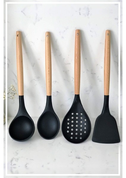 Silikon Bambu Saplı 4 Parça Mutfak Servis Seti (Kepçe-Kaşık-Kevgir-Spatula)Siyah