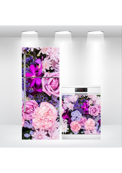 Buzdolabı ve Bulaşık Makinesi Kapak Kendinden Yapışkanlı Sticker Folyo Pembe Mor Güller