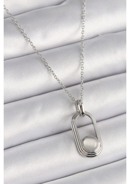 316L Çelik Gümüş Renk Zincir Beyaz Kedi Göz Model Kadın Kolye - TJ-BKO9612