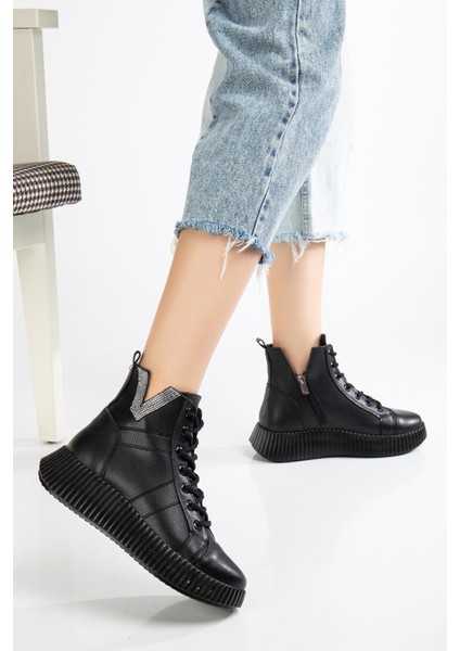 Kadın Bot Siyah Kalın Taban Taşlı Bağlı fiyatları