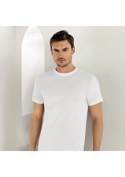 E003 6'lı Paket Erkek %100 Pamuk Beyaz O-Yaka Fanila L