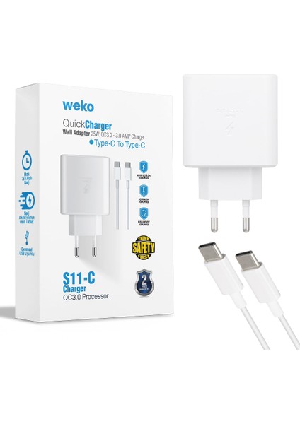 Weko WK-21440 25 Watt Cep Telefonu Şarj Aleti Adaptörü Type-C Kablolu Iki Ucu Type-C