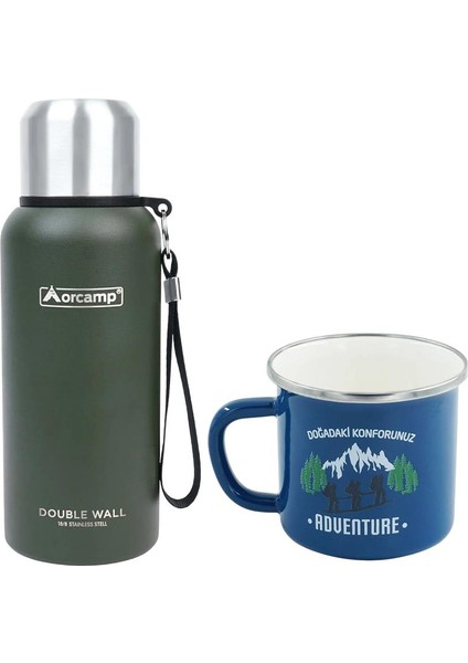 Çelik Termos 0.50 Lt Yeşil OUT-5000+EMAYE Adventure 330 ml Kupa OUT-1900 Mavi ORC-066-B-M1