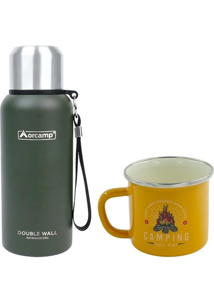 Çelik Termos 0.50 Lt Yeşil OUT-5000+EMAYE Camping 330 ml Kupa OUT-1900 Sarı ORC-066-B-S2