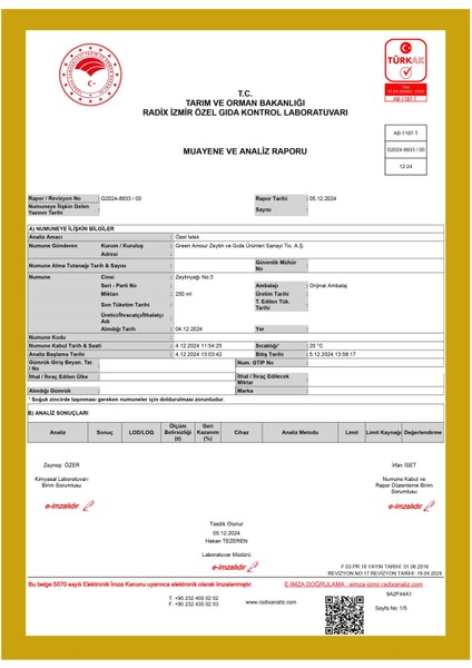 Yeni hasat, Soğuk Sıkım, 0,3 Asit, 370 Polifenol, Pestisit İçermeyen, Naturel Sızma Zeytinyağı