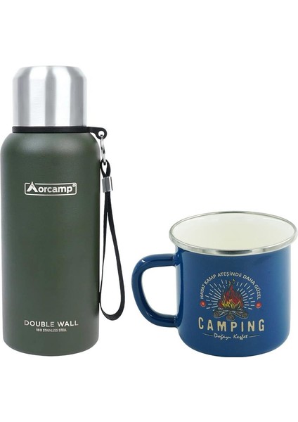 Çelik Termos 0.50 Lt Yeşil OUT-5000+EMAYE Camping 330 ml Kupa OUT-1900 Mavi ORC-066-B-M2