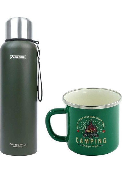 Çelik Termos 1,5 Lt Yeşil OUT-5100+EMAYE Camping 330 ml Kupa OUT-1900 Yeşil ORC-069-B-Y2