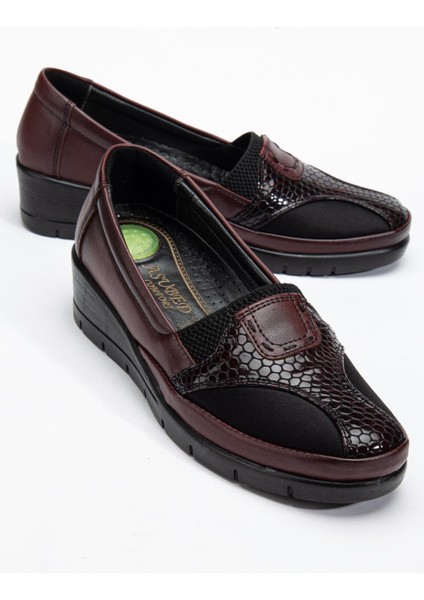 Büyük Numara Hakiki Deri Kadın Günlük Ortopedik Ayakkabı Bordo Yan Streçli