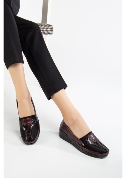 Büyük Numara Hakiki Deri Kadın Günlük Ortopedik Ayakkabı Bordo Yan Streçli fiyatları