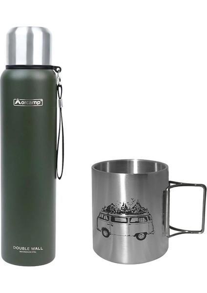 Çelik Termos 1 Lt Yeşil OUT-5050+ORCAMP Katlanır Saplı Çelik Kupa Karavan 330 ml Kupa OUT-1800 ORC-068-C2