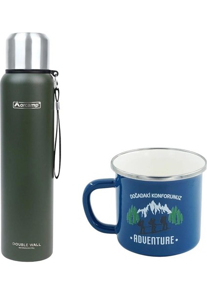 Çelik Termos 1 Lt Yeşil OUT-5050+EMAYE Adventure 330 ml Kupa OUT-1900 Mavi ORC-068-B-M1