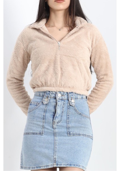 Fermuarlı Crop Peluş Sweat Bej - 9060.1153.