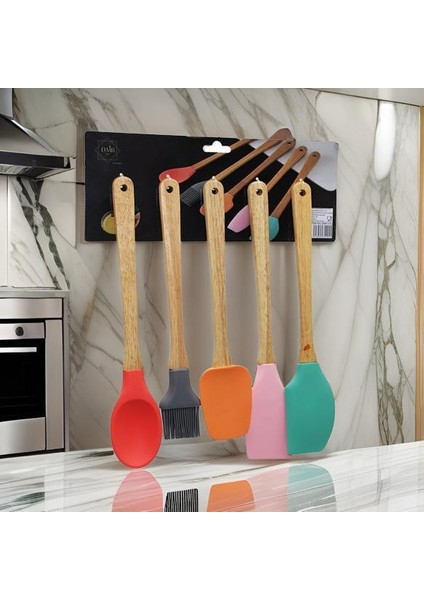 5 Parça Ahşap Saplı Büyük Renkli Silikon Mutfak Set Fırça - Kaşık - Servis K. - Spatula - Karıştırıcı