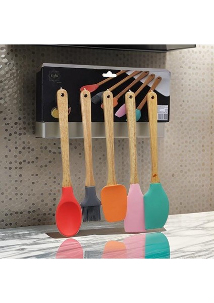 5 Parça Ahşap Saplı Büyük Renkli Silikon Mutfak Set Fırça - Kaşık - Servis K. - Spatula - Karıştırıcı