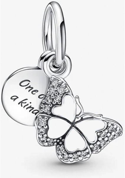 Kelebek ve Yazılı Çift Sallantılı Gümüş Charm - NUR-CM00371