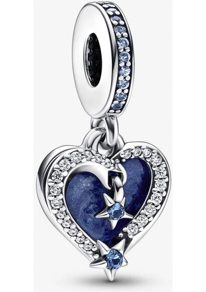 Kayan Yıldız Kalp Çift Sallantılı Gümüş Charm - NUR-CM00370