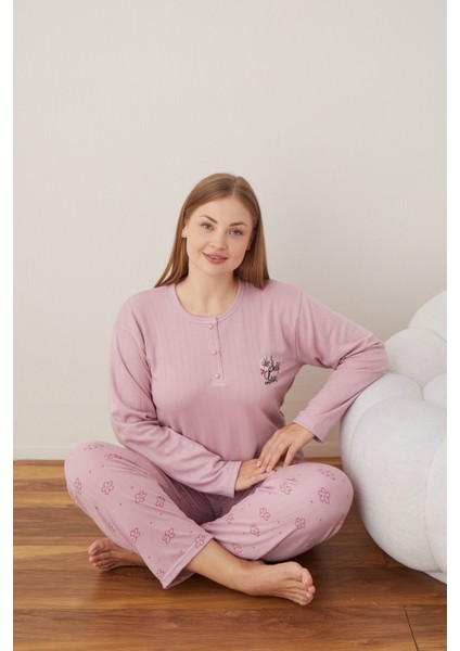 Eyfuze kadın Büyük Beden Desenli Yakası Düğmeli Uzun Kollu Kışlık Pijama Takımı