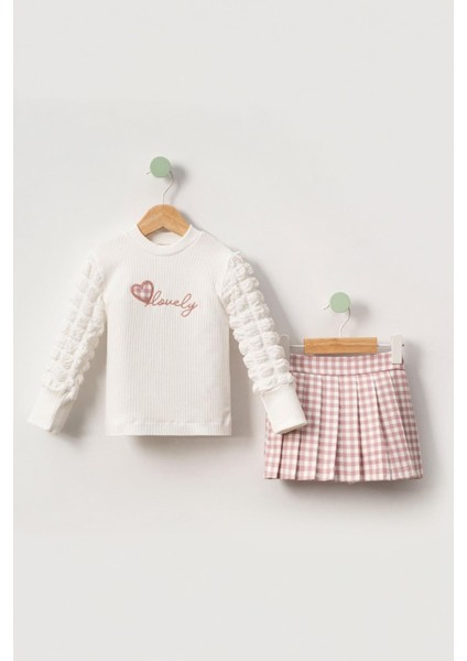 Lovely Nakışlı Bluz ve Ekoseli Pileli Etek Kız Çocuk Takımı - Pembe