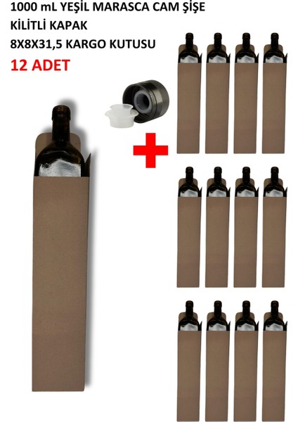 12 Adet x 1000 ml Maraska Cam Şişe+Drop Kapak+ 8X8X31.5 E-Ticaret Şişe Kutusu Seti