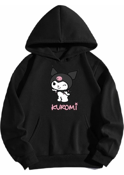 Özel Tasarım Kapüşonlu Mutlu Kuromi Baskılı Şardonlu Kışlık Kız Bebek-Çocuk Sweatshırt