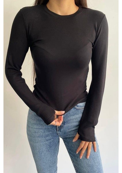 Kadın Parmak Geçmeli Uzun Kol Body