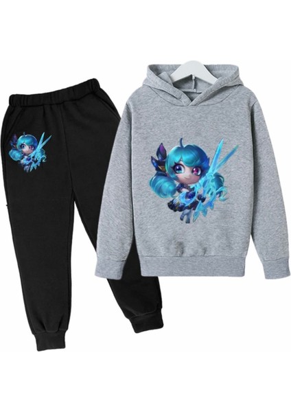 Özel Tasarım Kapüşonlu Mavi Saçlı Kız Baskılı Şardonlu Kışlık Kız Çocuk Eşofman Takımı