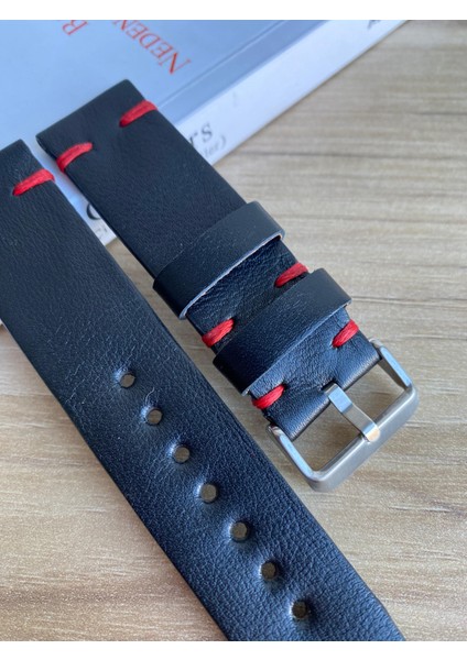 El Dikişi Düz Siyah Kırmızı Dikiş Gerçek Deri Saat Kordonu. Hakiki Deri. 18,20,22,24,26MM.
