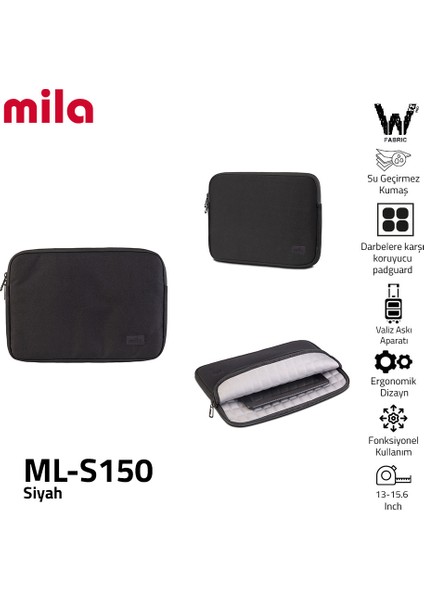 Classone ML-S150 15.6 ,16 Inch Mila Serisi , Macbook ,mac Air, Laptop Kılıfı, Wtxpro su Geçirmez Kumaş- Siyah