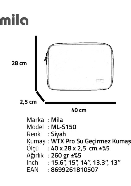 Classone ML-S150 15.6 ,16 Inch Mila Serisi , Macbook ,mac Air, Laptop Kılıfı, Wtxpro su Geçirmez Kumaş- Siyah