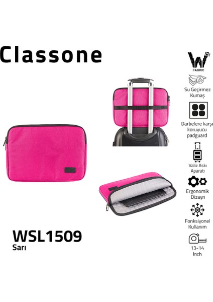 WSL1509 Livorno 15.6 inch Uyumlu Su Geçirme Kumaş ve Su Geçirmez Fermuar Macbook,Laptop Taşıma Çantası-Pembe