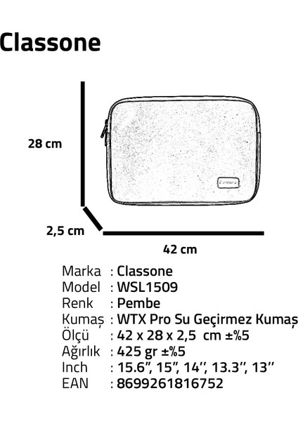 WSL1509 Livorno 15.6 inch Uyumlu Su Geçirme Kumaş ve Su Geçirmez Fermuar Macbook,Laptop Taşıma Çantası-Pembe