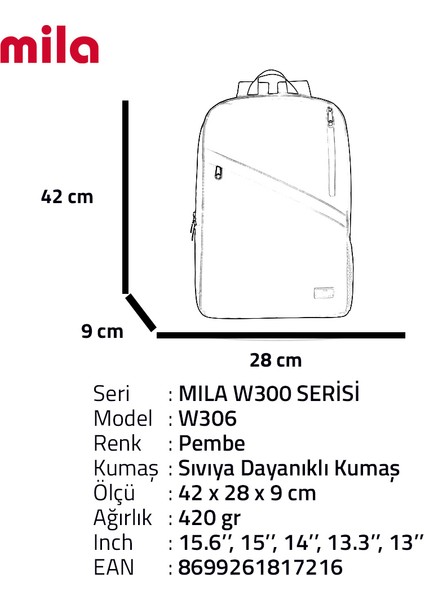 Classone 15,60 Inch Uyumlu W306- Mila Serisi Lenovo,hp,asus,monster,macbook,mac Air Uyumlu Laptop , Notebook Sırt Çantası - Pembe