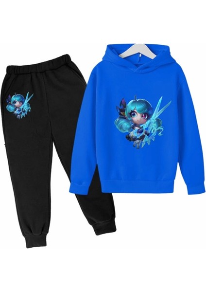 Özel Tasarım Kapüşonlu Mavi Saçlı Kız Baskılı Şardonlu Kışlık Şık Kız Çocuk Eşofman Takımı