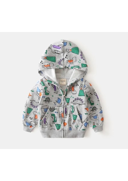 Özel Tasarım Kapüşonlu Tam Fermuarlı Minik Dinazor Baskılı Şardonlu Kışlık Erkek Bebek-Çocuk Sweatshırt