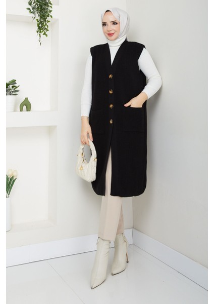 Kadın Cepli Düğme Kapamalı Triko Yelek -PMK378