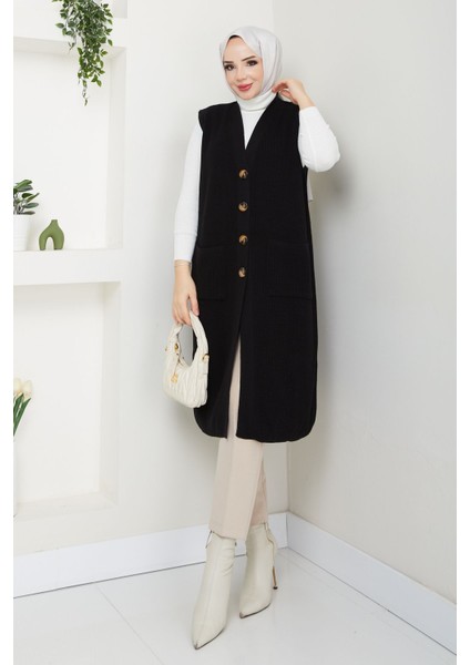 Kadın Cepli Düğme Kapamalı Triko Yelek -PMK378 modelleri