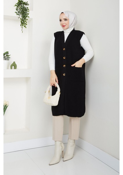 Kadın Cepli Düğme Kapamalı Triko Yelek -PMK378 fırsatları