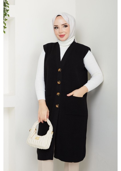 Kadın Cepli Düğme Kapamalı Triko Yelek -PMK378 indirimleri