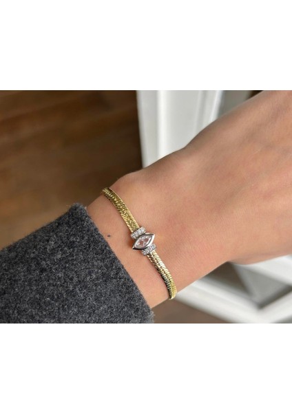 Gold Ezme Model Dörtgen Taşlı 14K Özel Seri Bileklik