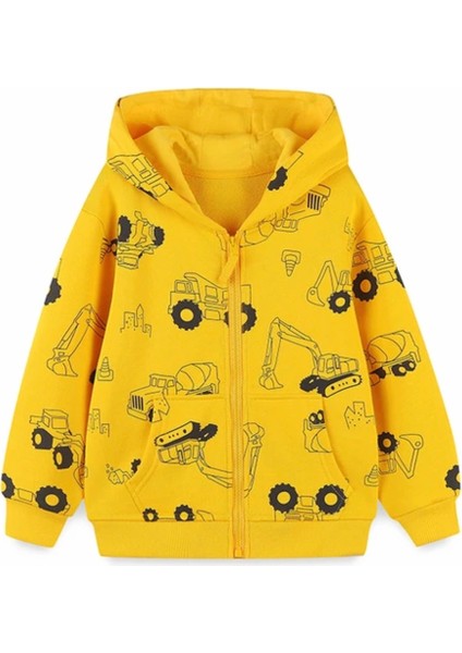 Özel Tasarım Kapüşonlu Tam Fermuarlı Vinç Baskılı Şardonlu Kışlık Erkek Bebek Çocuk Sweatshırt