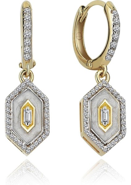 Gold Silver Beyaz Mineli Altıgen Tasarım Küpe 14K Kaplamalı