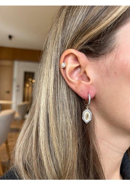 Gold Silver Beyaz Mineli Altıgen Tasarım Küpe 14K Kaplamalı
