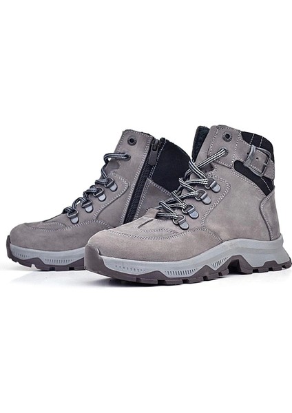Hakiki Deri Gri Bağcıklı Fermuarlı Trekking Çocuk Bot indirimleri