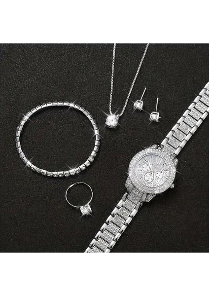 Elegant Saat ile Kolye+Küpe+Yüzük+Bileklik 6 Parça Takı Seti Gümüş Kaplama