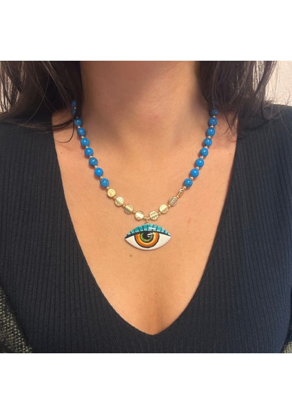 Mavi Havlit Doğal Taş Altın Aksesuar Evil Eye Göz Nazar Uçlu Özel Tasarım Doğaltaş Kadın Kolye